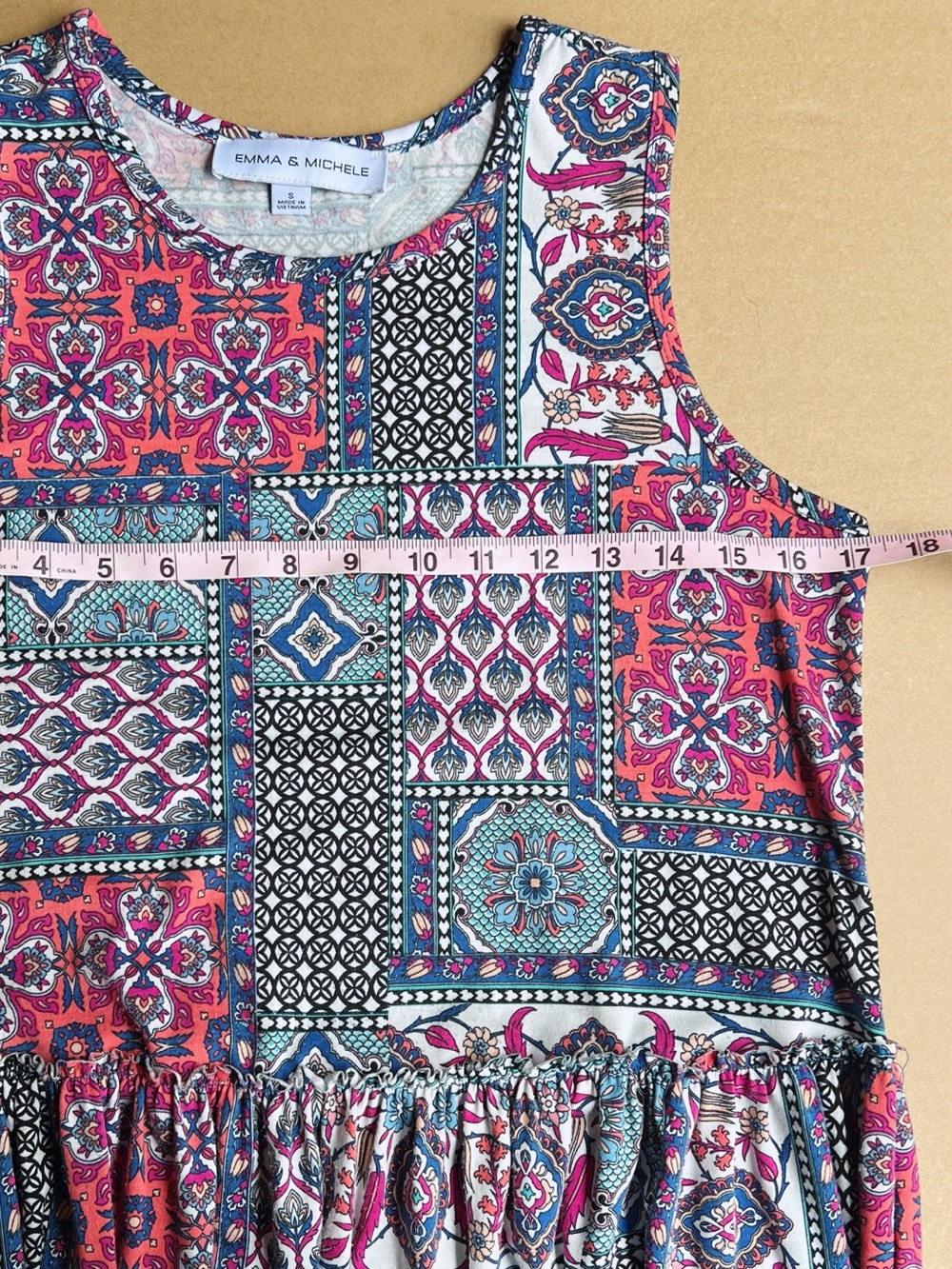 Emma & Michele Patchwork Boho Midi Dress | Sleeveless Tiered | Size Small - Picture 5 of 6